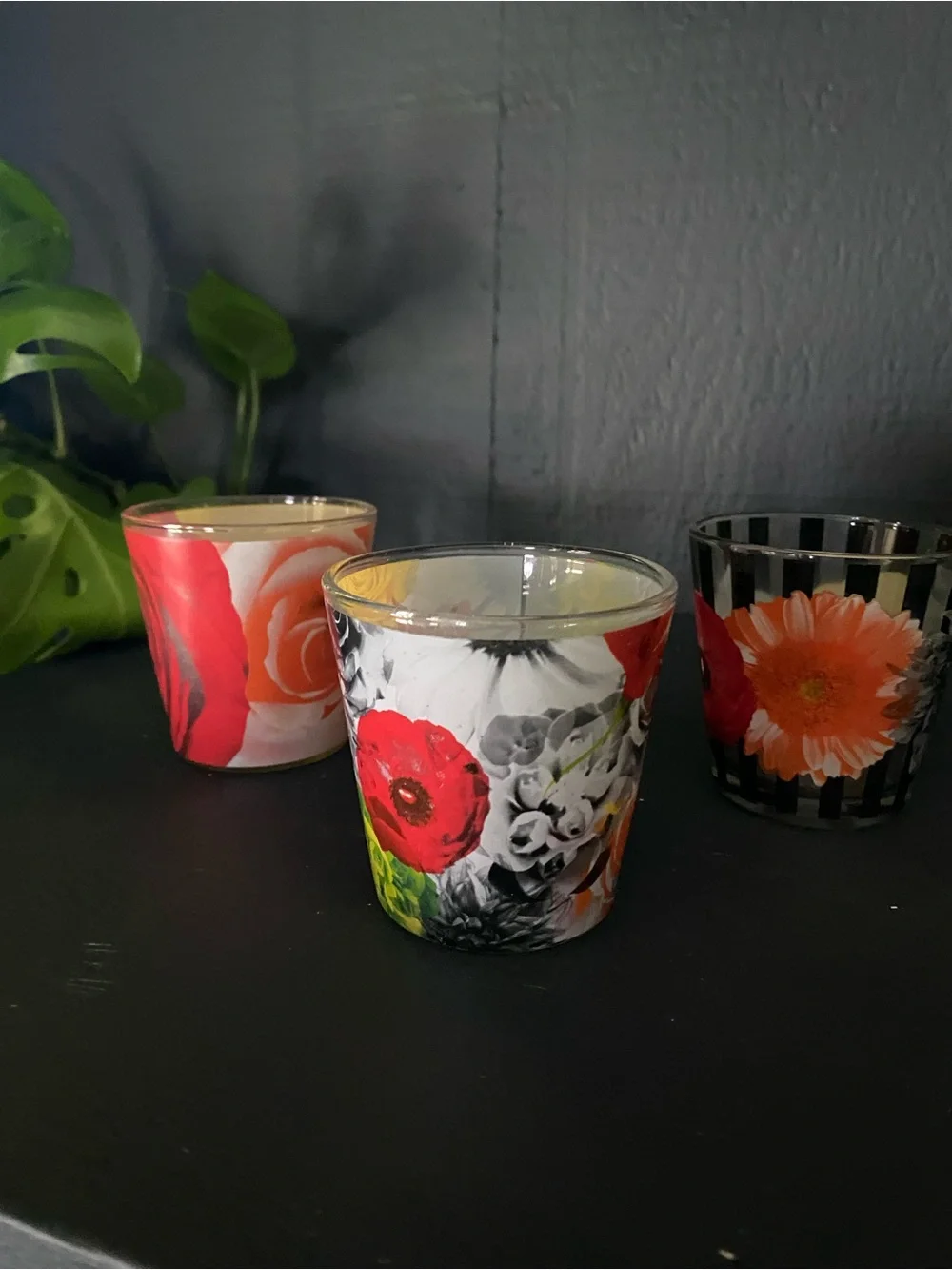 Floral Glass Votive Candle Holder - Red Floral Design